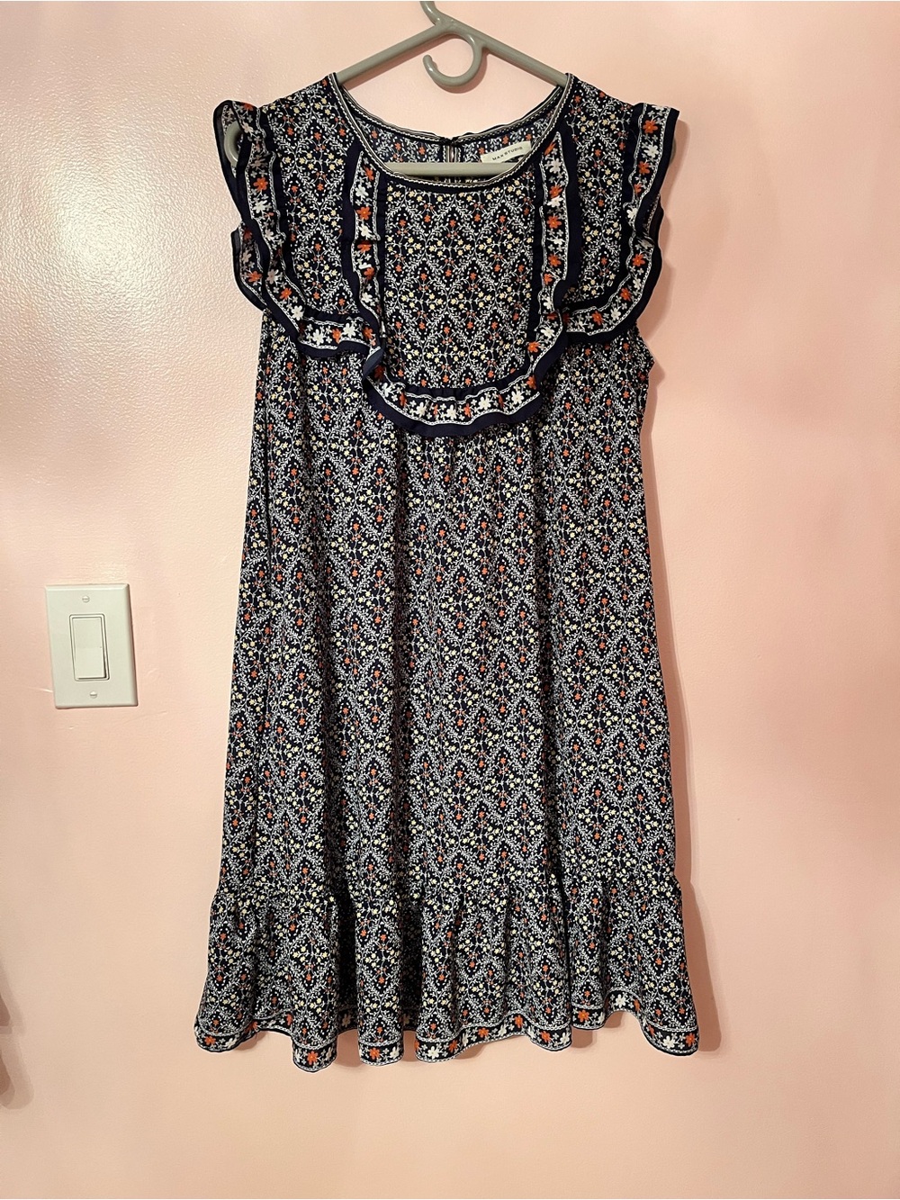 Max Studio Navy Floral Dress with Orange and Cream Blooms